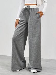 SHEIN Tall Women's Contrast Color Waist Wide Leg Pants - Dark Grey - View 3