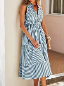 Breezaya Women's Front Button Sleeveless Striped Ruched Casual Midi Dress