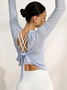 Activina Lace-Up Backless Sheer Long Sleeve Slim Fit Athletic T-Shirt - Blue - View 3