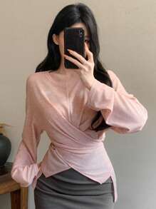 DAZY 女式束腰修身交叉扭纹T恤长袖女式上衣 - 粉色 - 查看 3