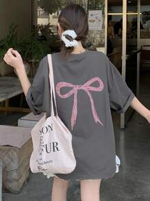 DAZY Camiseta oversize de cuello redondo con estampado de lazo de unicolor y manga corta, camisetas gráficas - Negro - Ver 5
