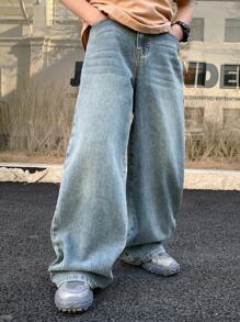 SHEIN Tween Boy Fashion Casual Vintage Blue Denim Simple Base Loose Comfortable Wide Leg Kids Jeans For Boy Soft Dailywear And Kids Summer Clothes - Blue - View 5