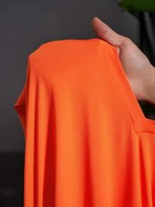 Slaydiva 夏季度假休闲短袖圆领橙色弧形下摆口袋侧开衩大码迷你连衣裙，优雅纯色沙滩裙，适合大码女性 - 橘色 - 查看 6