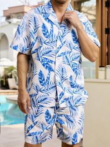Manfinity Swimmode Men's Button Front Shirt With Allover Print & Shorts Beachwear Set, Casual,Hawaiian - Multicolor - View 5