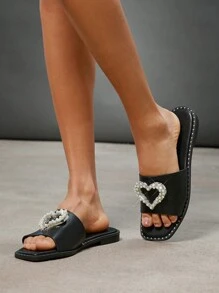 SHUZIA Women's Rhinestone Faux Pearl Decoration Fashionable & Comfortable Round-Toe Flat Sandals For Daily Wear Spring Shoes Spring Break Easter - Black - View 3