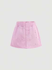 SHEIN Baby Girl Cherry Print Adorable Beaded Pastel Pink A-Line Mini Skirt,Kid Girls Spring And Summer Casual Vacation Country Boho Wear, Beach Outfits For Kid Girls, Skirt Baby Girl - Baby Pink - View 5