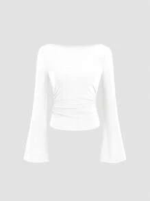 Sweetra Camiseta de mujer casual de unicolor con cuello barco y mangas de campana, para otoño