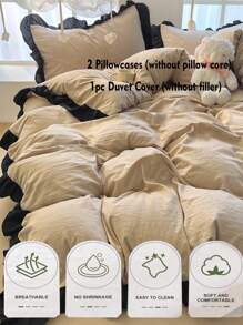 3pcs Khaki Ultra Soft & Skin-Friendly Floral Lace Duvet Cover Set, 1 Duvet Cover And 2 Pillow Covers, Washable, Without Filler - Khaki - View 7