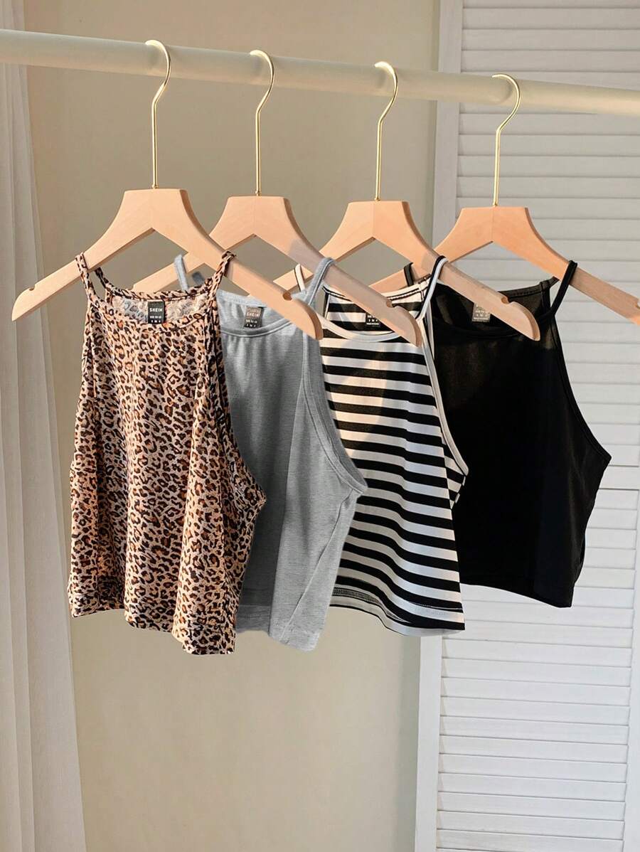 Comfortcana 4pcs Women Leopard Print & Striped Pattern Stretchy Casual Camisole Top, Suitable For Spring/Summer Back To School - Multicolor - View 1