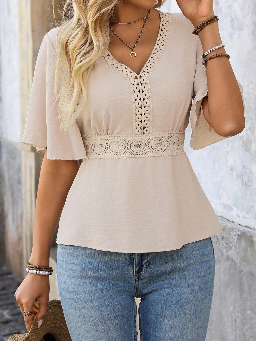 SHEIN LUNE Blusa de encaje y parches para la cintura, ideal para vacaciones - Caqui - Ver 1