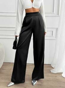 EURMUSE Women Solid Color Wide Leg Satin Fabric Pants - Black - View 5