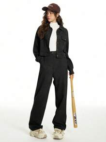 2pcs/Set Teenager Girls' Front Button Long Sleeve Pocket Casual Top And Pants