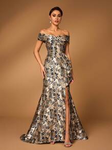 Serin Elegante y hermoso vestido de noche de satén jacquard plisado con estampado floral, con abertura, de estilo sirena, en azul marino, de un solo hombro, para bodas, fiestas, vacaciones, eventos formales y madre de la novia