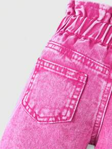 SHEIN Infant/Toddler Girls' All-Match Casual Versatile Pink Floral Print Street-Style Elastic Waist Washed Denim Jeans, Essential 2024 New Arrivals - Pink - View 4