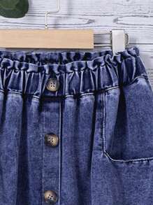 SHEIN Tween 女童宽松休闲 A 字裙，带荷叶边下摆前部牛仔长裙，适合夏季度假装