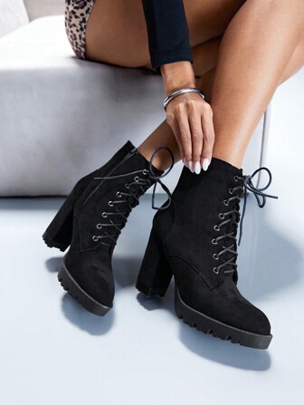 Cuccoo CUCCOO GRLICON Women Shoes Minimalist Chunky Heeled Lace-Up Front Fashion Black Versatile Outdoor Boots Vacation Shoes Summer