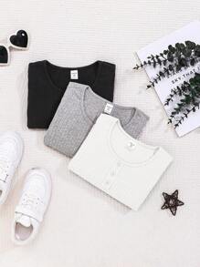 SHEIN Leap Crew 3pcs/Set Tween Girl Sporty Street Style Solid Color Crew Neck Long Sleeve Tops - Black and White - View 6