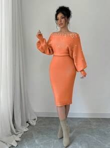 Chiquease New Knitted Button Women's Lantern Sleeve Sexy Slim Casual Sweater Dress - Orange - View 4