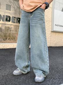 SHEIN Tween Boy Fashion Casual Vintage Blue Denim Simple Base Loose Comfortable Wide Leg Kids Jeans For Boy Soft Dailywear And Kids Summer Clothes - Blue - View 4