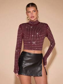 SHEIN BAE Women's Fashion Rhinestone Decor Stand Collar Cropped T-Shirt