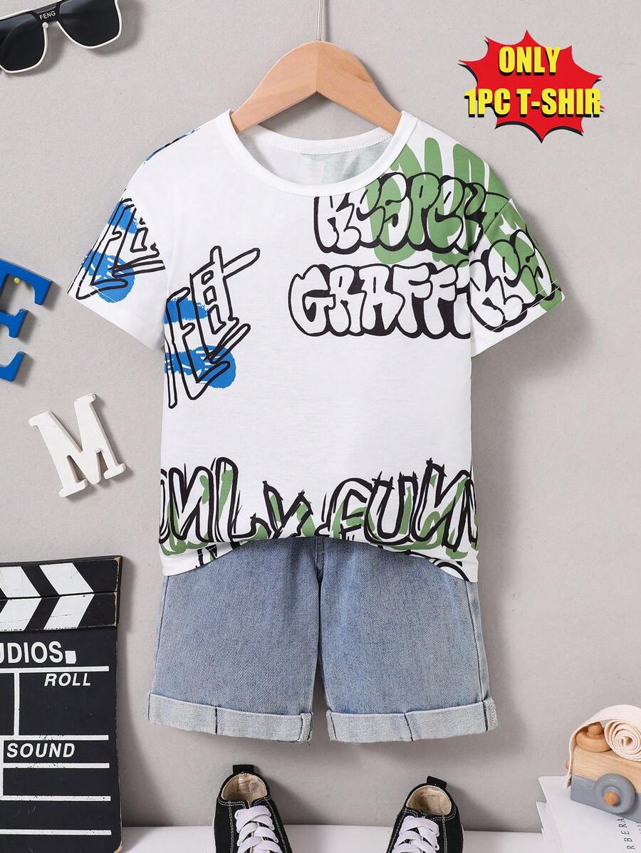 SHEIN 幼儿男孩休闲字母印花短袖圆领 T 恤，日常穿着 - 白色 - 查看 1