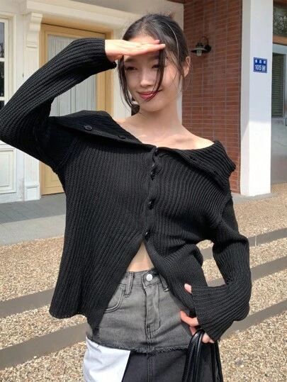 INAWLY 女士纯色露肩长袖单排扣休闲开衫，秋冬