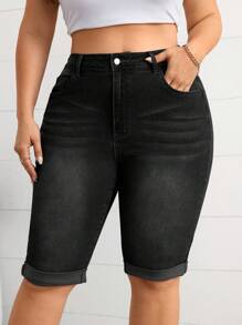 Firerie 大码前扣口袋休闲修身牛仔短裤 - 黑色 - 查看 3