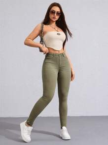 SHEIN Essnce Solid Color Skinny Pocket Casual Jeans - Khaki - View 2