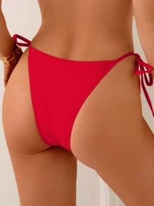 Summer 1pc Women's Solid Color Tie Up Sexy Swimwear Bottom - Red - View 2