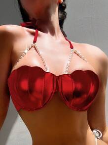 SHEIN Swim 2025 女式露背吊带连体比基尼上衣夏季 - 紅色 - 查看 6