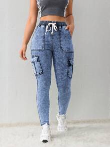 SHEIN Tall 女士牛仔裤 紧身弹力工装口袋牛仔裤 黑色牛仔裤 牛仔裤 冬季牛仔裤 牛仔连身裤 牛仔连身裤 女士慢跑裤 紧身裤 女士牛仔裤 黑色牛仔裤 运动服 - 中等水洗藍 - 查看 6