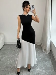 Elenzga Vestido entallado de estilo francés sin mangas de sirena con patchwork para mujeres