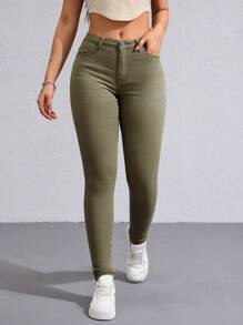 SHEIN Essnce Solid Color Skinny Pocket Casual Jeans - Khaki - View 6
