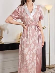 Modelyn Embroidered Jacquard White Lapel Collar Splice Elegant Slim Fit Dress For Women - Pink - View 4
