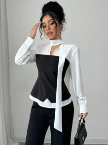 Elenzga 女士优雅撞色系带领二合一衬衫，秋季 - 彩色 - 查看 6