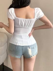 DAZY Women's Sweet Puff Sleeve Square Neck Short Sleeve T-Shirt Preppy Tops - White - View 5