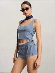 SHEIN Unity 2pcs/Set Women Solid Color Grommet Side Tie Cami And Shorts Set - Light Wash - View 4