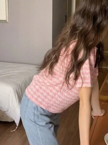 DAZY 女式撞色拼布不对称条纹纹理面料印花短袖 T 恤，粉色，春夏格子 - 粉色 - 查看 2