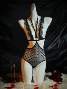 1 件女式性感蕾丝连体裤，情人节礼物 - 黑色 - 查看 6