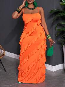 Slaydiva Plus Size Orange Floor Length Ruffle Hem Textured Dress, For Holiday - Orange - View 3