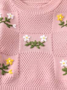 Young Girls Autumn/Winter Handmade Floral Embroidered Lantern Sleeve Chunky Knit Sweater, Round Neck Long Sleeve Pullover - Dusty Pink - View 4