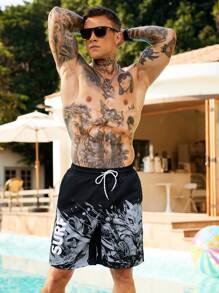 Manfinity Swimmode Men's Casual Cat Print Drawstring Waist Beach Shorts, Summer