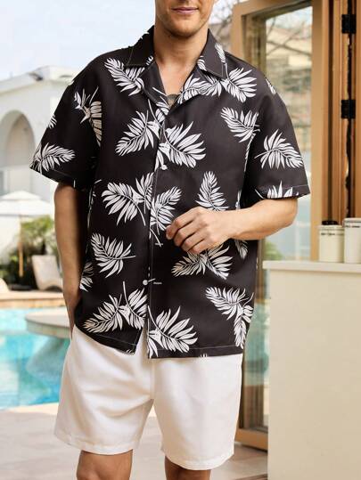 Surfspeed Men's Front Button Short Sleeve All-Over Print Casual Top And Shorts Beach Set,Hawaiian