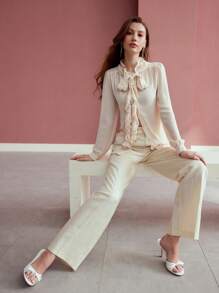 MOTF PREMIUM RUFFLE TRIM TIE NECK BLOUSE - Apricot - View 3