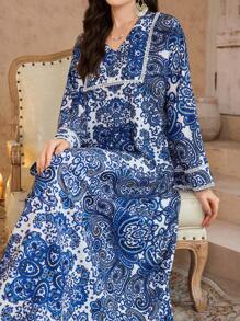 Al Najma 2025 Spring/Summer New Arrival Loose & Slimming V-Neck Long Sleeve Printed A-Line Turkish Dress Kaftan Jalabiya Dress - Blue - View 6