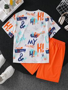 SHEIN Tween Boy Street Style Full-Width Print T-Shirt & Shorts Set - White - View 2