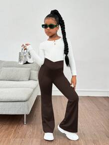 SHEIN Leap Crew Tween Girls' Casual Sports Minimalist Comfortable Crossover Waist Flare Pants - Brown - View 4