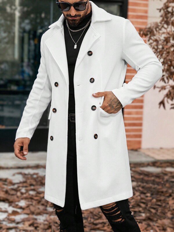 Manfinity CasualCool Doppelreihiger einfarbiger Wollmantel mit langen Ärmeln und Tasche, Herbstkleidung für Männer, Wintermantel in Weiß für Männer