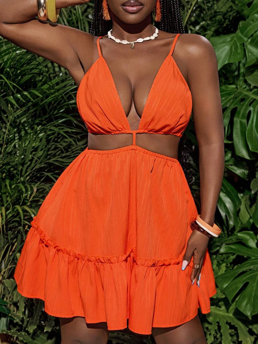 Slaydiva Beach New Spring And Summer Casual Holiday Sweet And Sexy One-Shoulder Suspender Belt Deep V-Neck Waistless Backless Ruffled Hem A-Hem Orange Textured Striped Woven Women's Mini Dress-A,Sun Dress - Orange - View 1