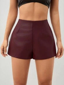SHEIN PETITE Women's Shorts Vintage Burgundy Sexy Leather PU Mini Shorts For Party Halloween Outfits Christmas Outfits Thanksgiving Outfits Sexy Siren Office Outfits